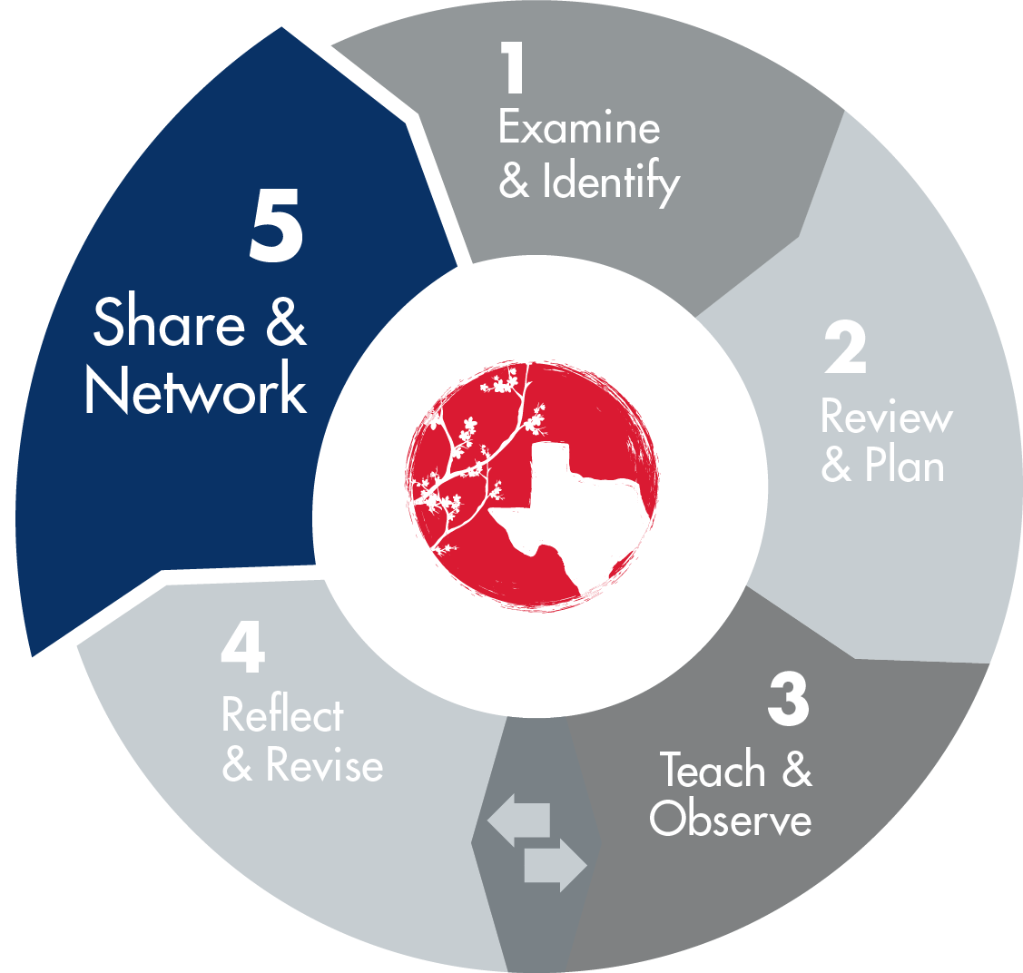 TEXAS LESSON STUDY  5 PHASES - 1. Examine & Identify, 2. Review & Plan, 3. Teach & Observe, 4. Reflect & Revise and 5. Share & Network,  where phase 5 is visually selected