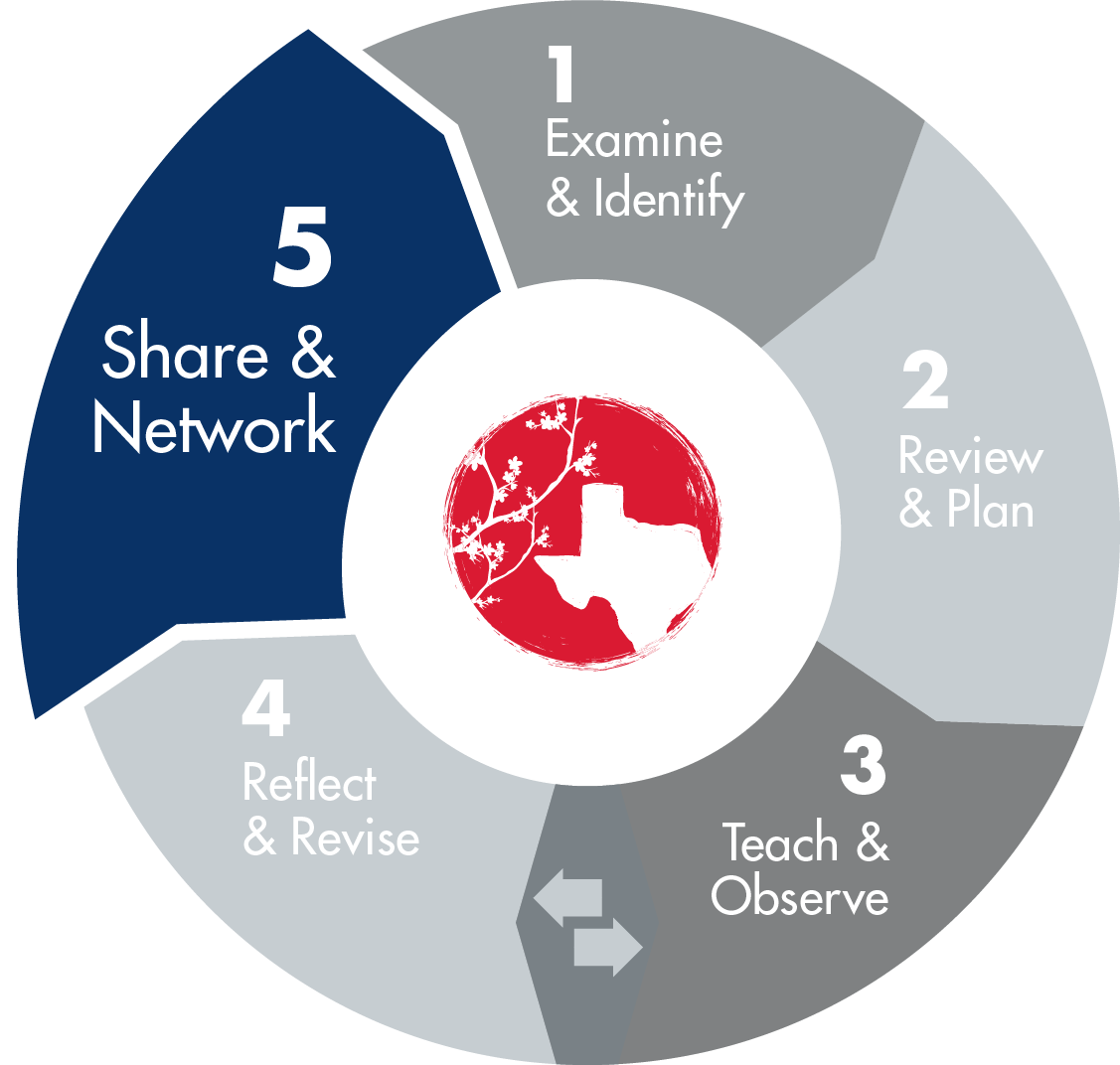 TEXAS LESSON STUDY  5 PHASES - 1. Examine & Identify, 2. Review & Plan, 3. Teach & Observe, 4. Reflect & Revise and 5. Share & Network,  where phase 5 is visually selected