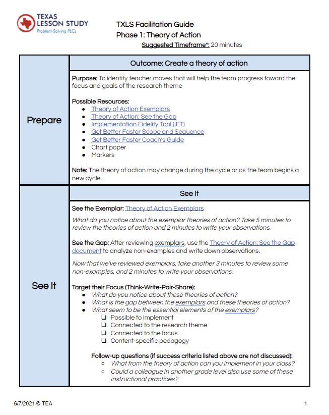 image of Theory of Action Facilitation Guide document