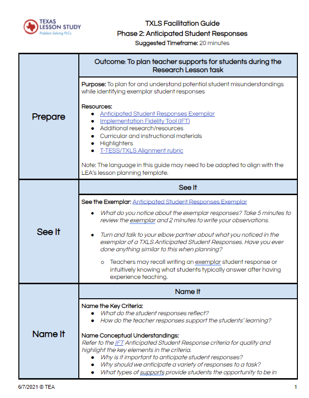image of Anticipated Student Responses Meeting (Facilitation Guide) document