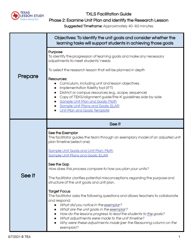 image of Examine the Unit Plan Facilitation Guide document