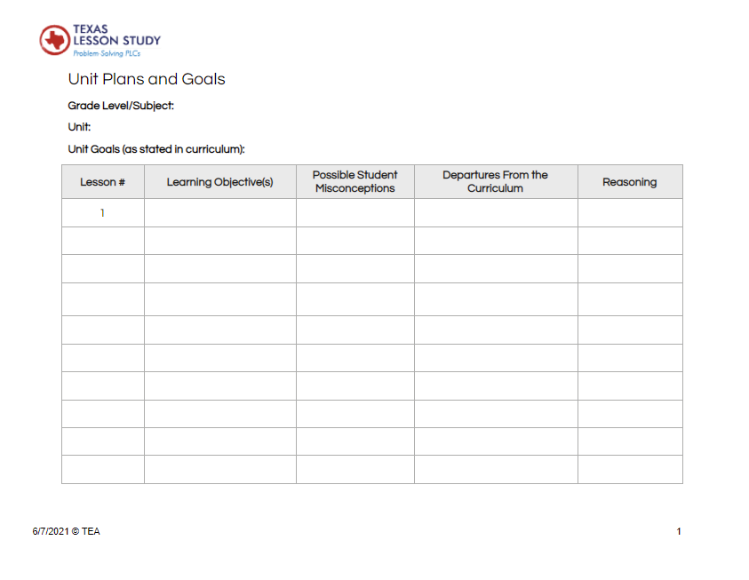 image of Unit Plan and Goals Template document