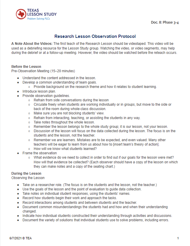 image of Research Lesson Observation Protocol document
